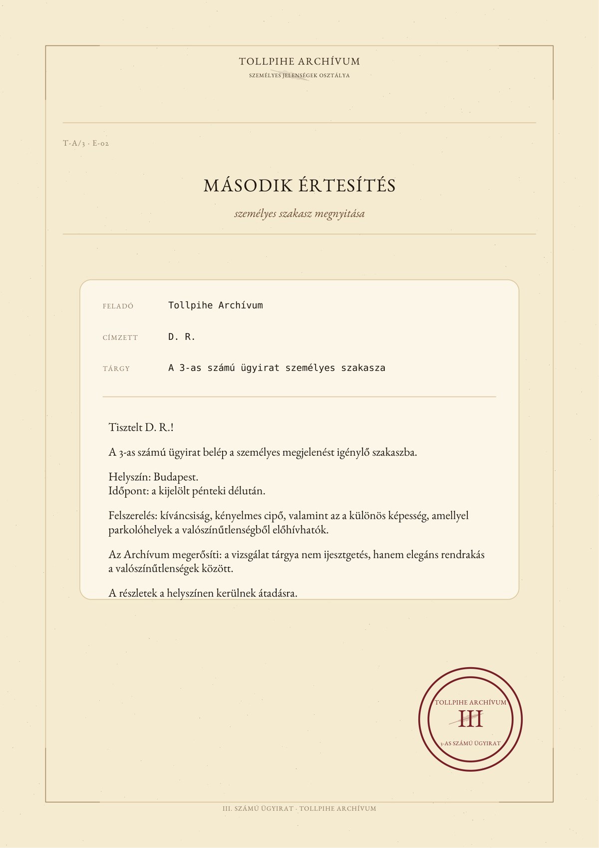 Nyomtatható második értesítés referencia-látvány